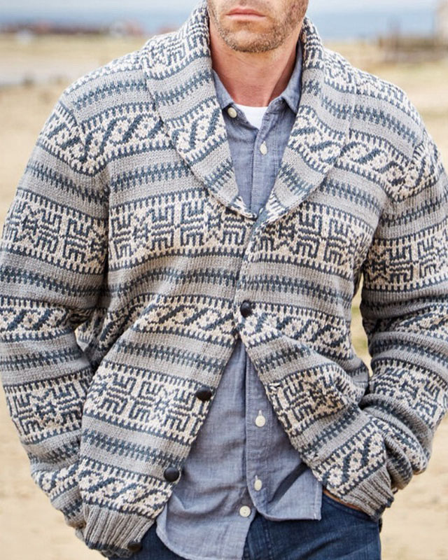 Men's Jacquard Lapel Knitted Sweater Coat