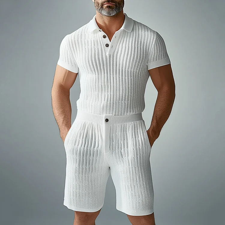Men's Knitted Short Sleeve Polo Shirt & Slant Pocket Shorts 2Pcs Set