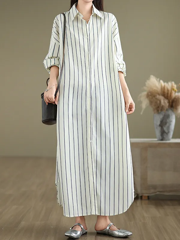 Loose Lapel Color Striped Maxi Dress