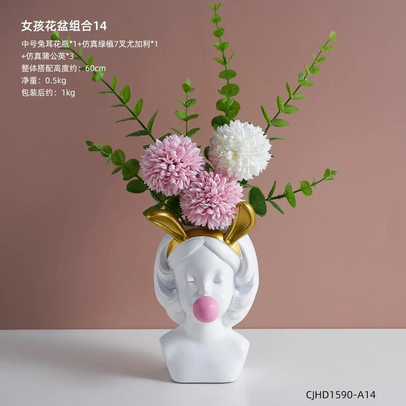 Nordic style girl flower pot plant resin flower pot rabbit ear/cat ear girl potted modern living room decoration decoration gift