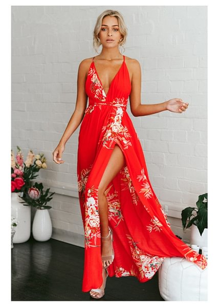 Floral Printed Long Maxi Dresses Women Backless High Splits Fashion Summer Dress - Shop Trendy Women's Clothing | LoverChic