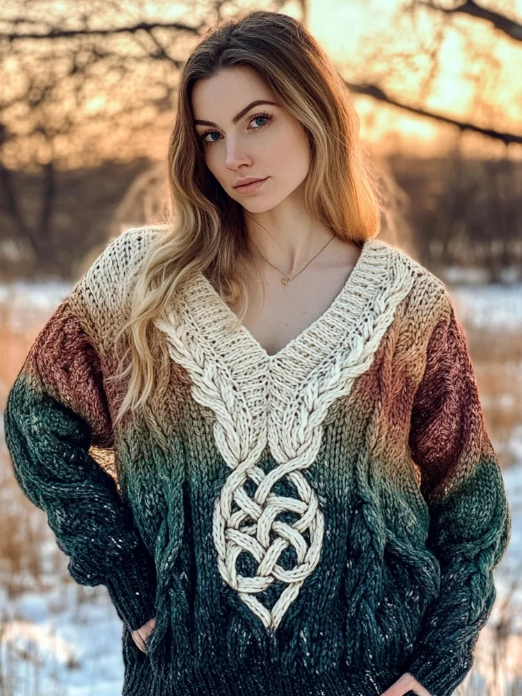 Celtic Knot Pattern Women's Gradient V-neck Sweater