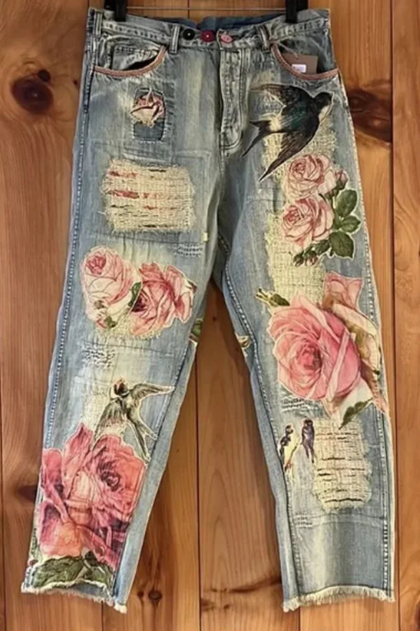 Casual Denim Floral Ripped Raw Trim Straight Leg Jeans