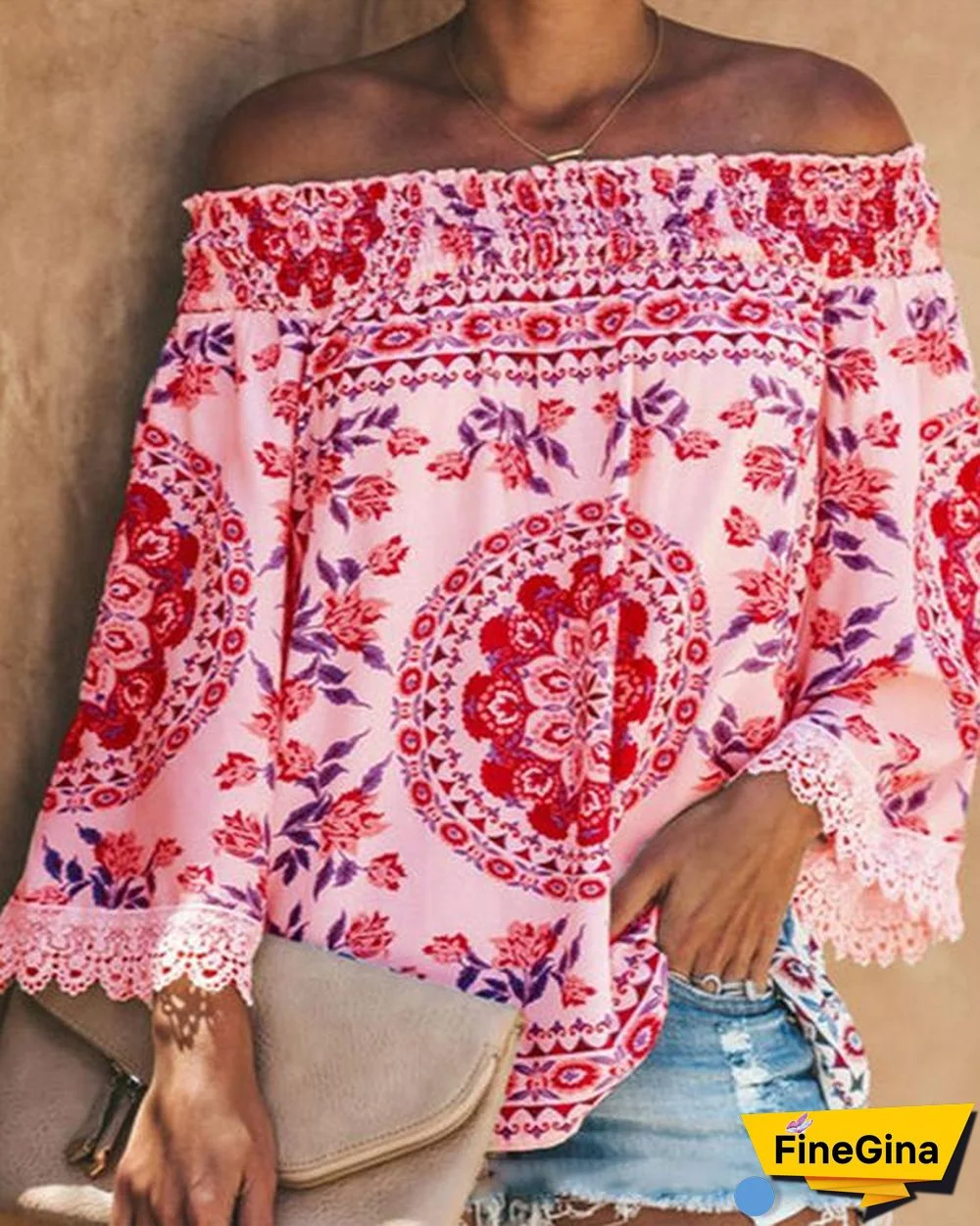 Boho Printed Casual Off Shoulder Shirts & Tops