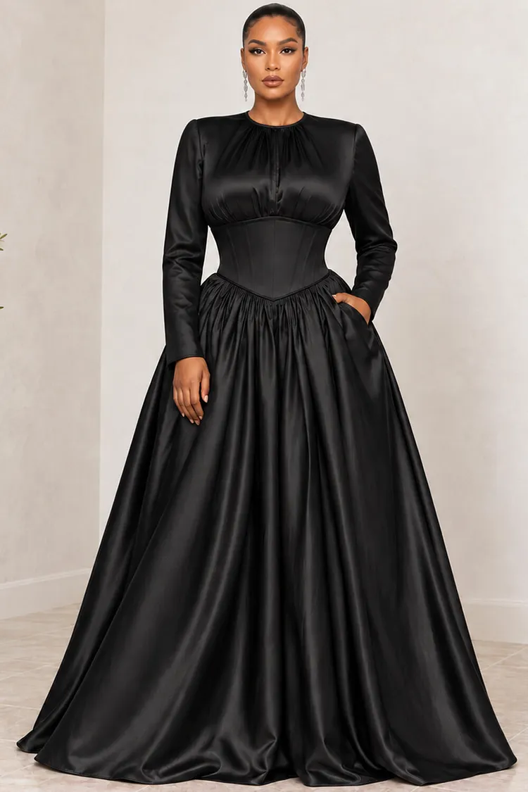 Xpluswear Design Plus Size Formal Black Round Neck Long Sleeve Pocket Fold Satin Maxi Dresses [Pre-Order] 2024 - Xpluswear