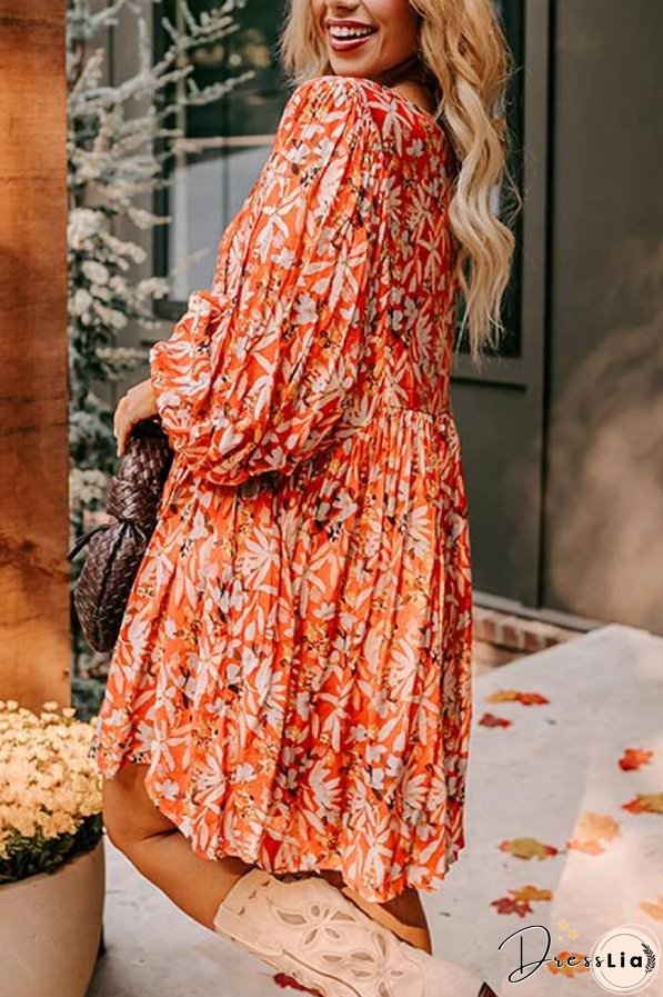 Orange Floral Print Split V Neck Bubble Sleeve Plus Size Midi Dress