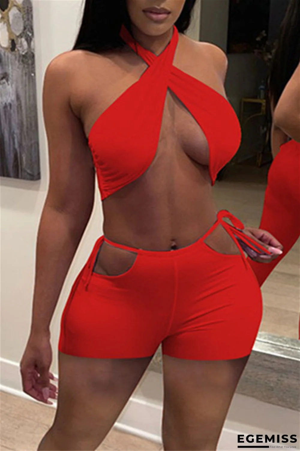 Red Fashion Sexy Solid Hollowed Out Backless Halter Sleeveless Two Pieces | EGEMISS
