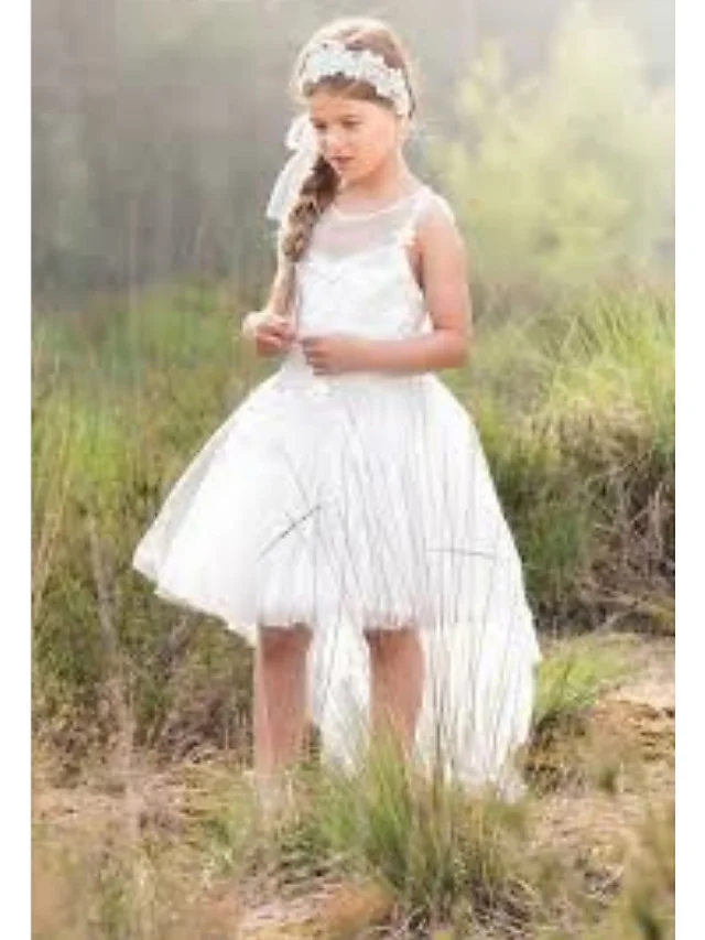 Daisda Sleeveless Jewel Neck A-Line Asymmetrical Flower Girl Dress Tulle With Solid