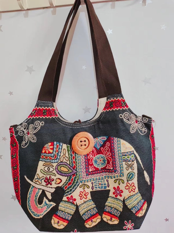 Women’s Large Canvas Elephant Ethnic Style Square Zipper Shoulder Bag