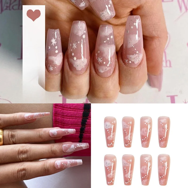 24PCS/box artificial nails with glue Milky white pink Gradients long Ballet Nail stick fake nail tips full cover acrylic-Nail Inspo