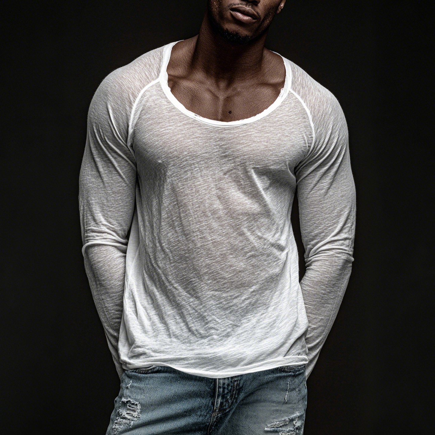 Deep V-Neck Long Sleeve Sheer Top for Men