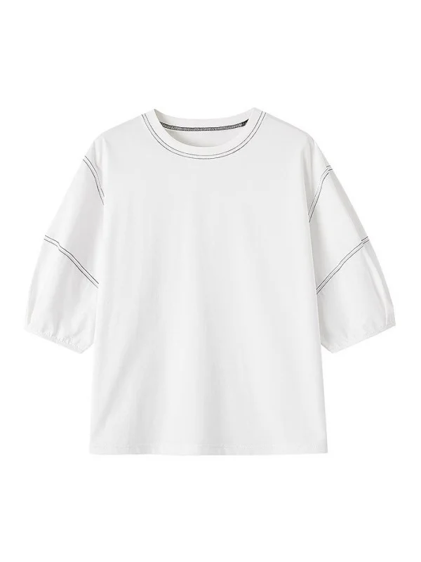 Athvotar Athvotar Seven-Sleeved T-Shirt Women 2025 Summer New Round-Necked Color Line Decorate Casual Lantern Sleeve Top