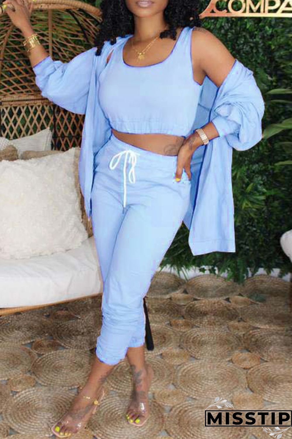 Blue Casual Solid Basic U Neck Long Sleeve Two Pieces