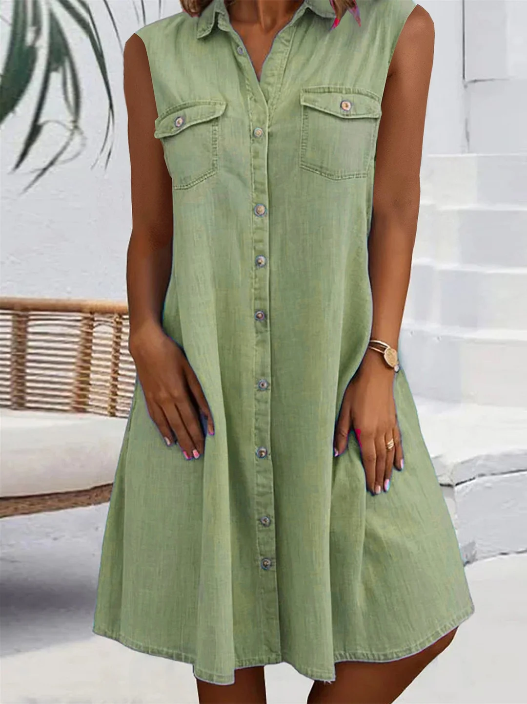 Women Sleeveless Shirt Collar Solid Button Pockets Midi Dress