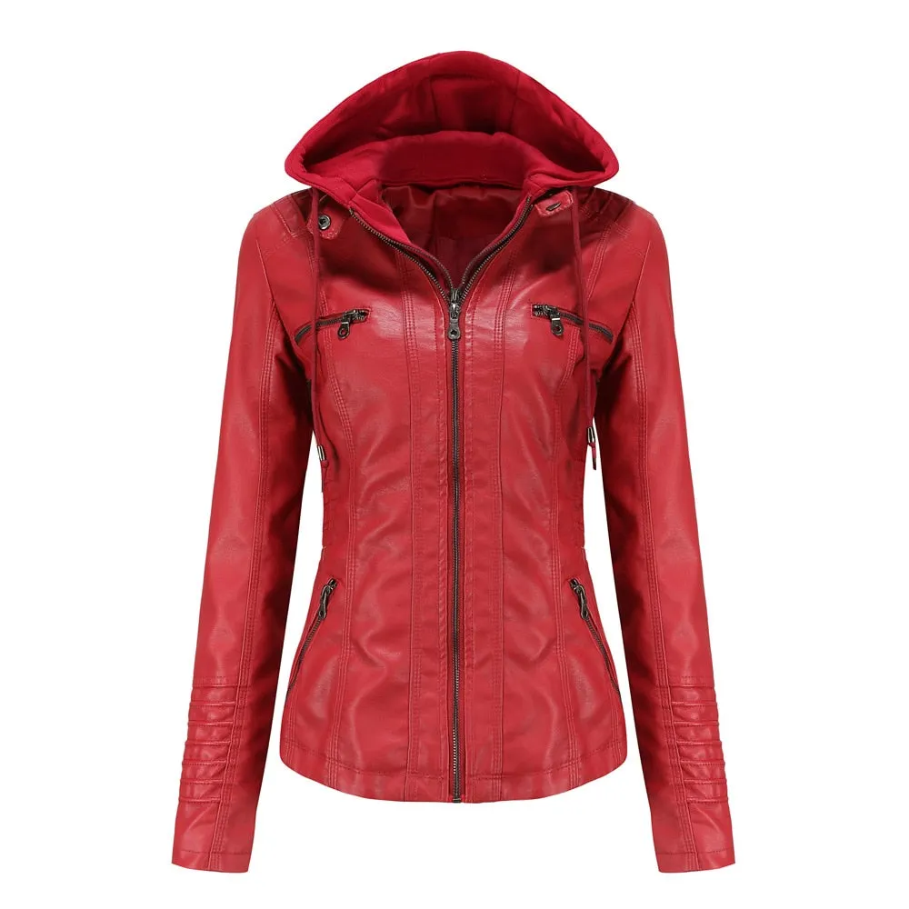 Autumn Winter Pu Faux Leather Jacket Black Women Street Moto Biker Leather Coat Hooded Jacket Lady Oversize Casual Outerwear