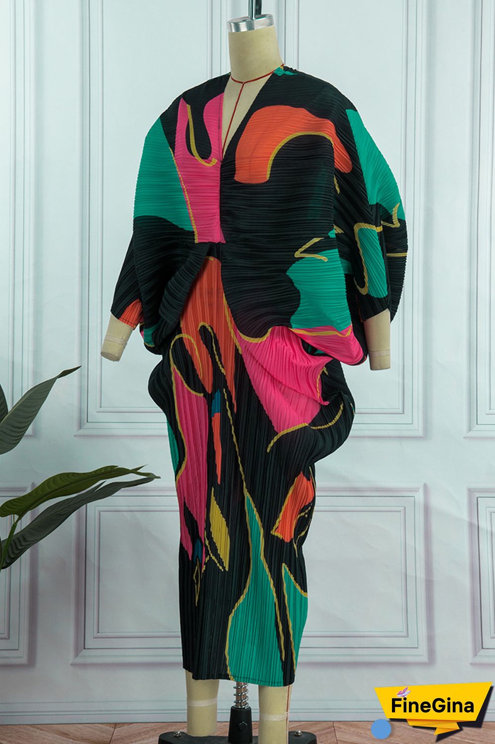 Pink Purple Casual Print Patchwork V Neck Pencil Skirt Plus Size Dresses