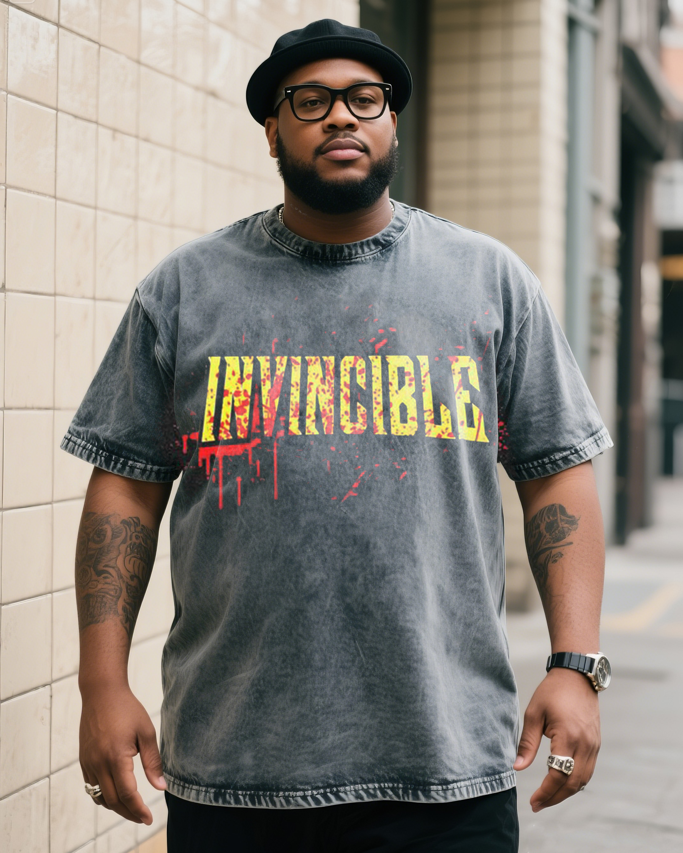 Plus Size Men's INVINCIBLE Series Graffiti Print Denim Short Sleeve T-Shirt