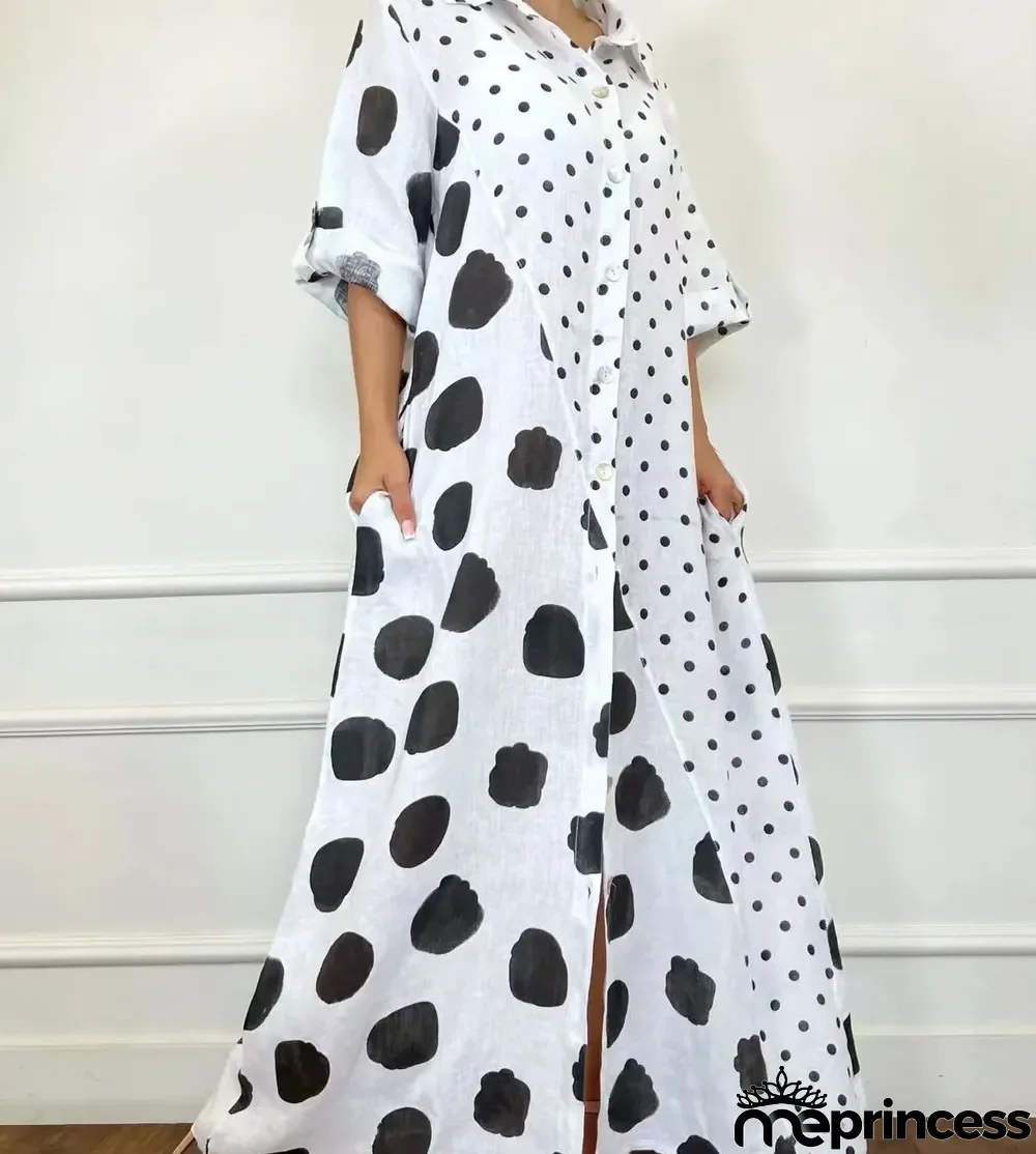 Plus Size Women Fall Polka Dot Print Turndwon Collar Dress