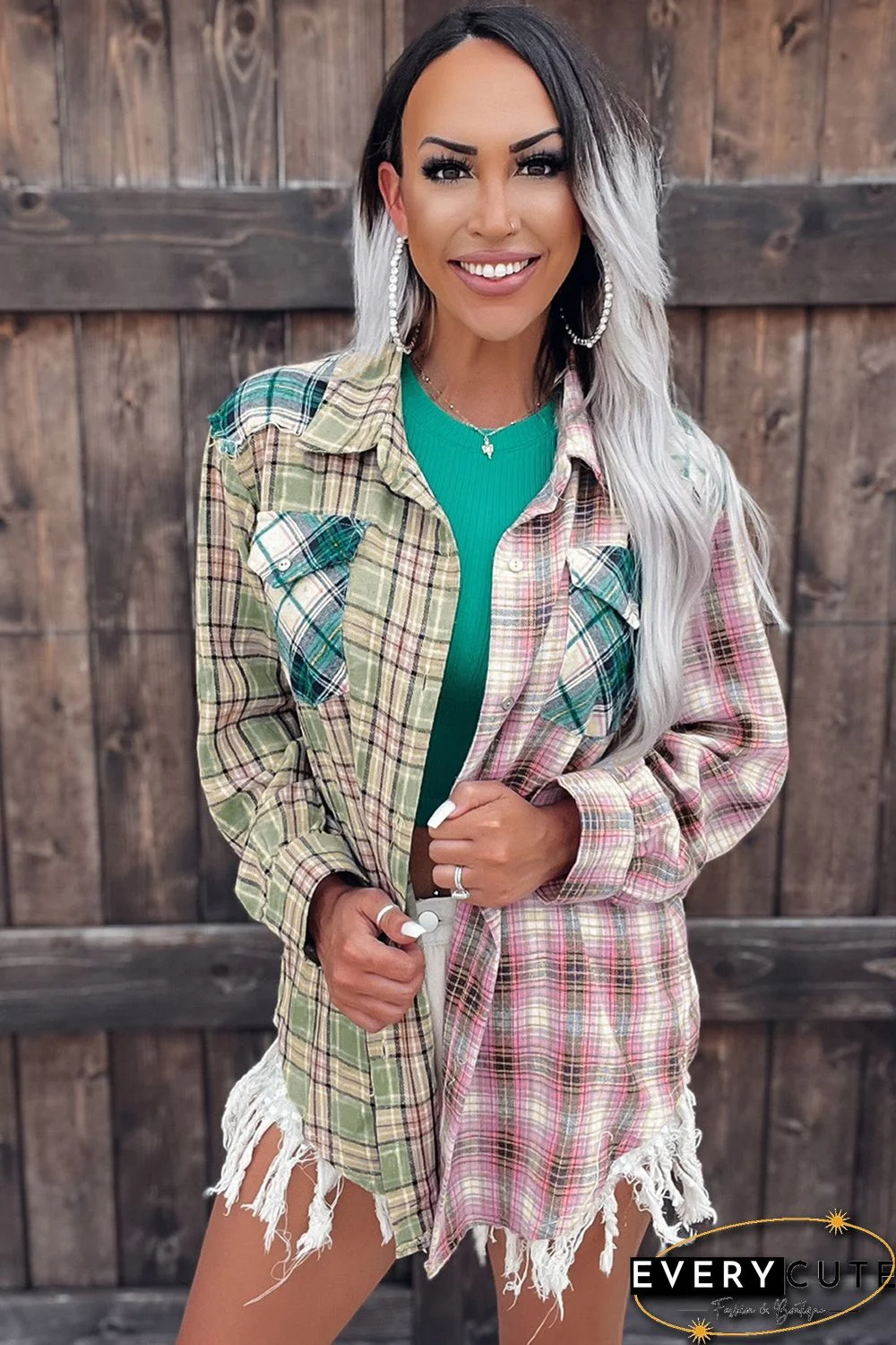 Multicolor Plaid Patchwork Front Pockets Long Sleeve Shirt