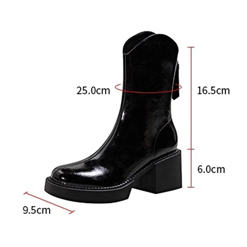 Christmas Gift Square Heel Fashion Short Boots For Women Autumn Cow Leather Shoes Zipper High Heels Ladies Pumps 2021 New Female Mid-calf Boots