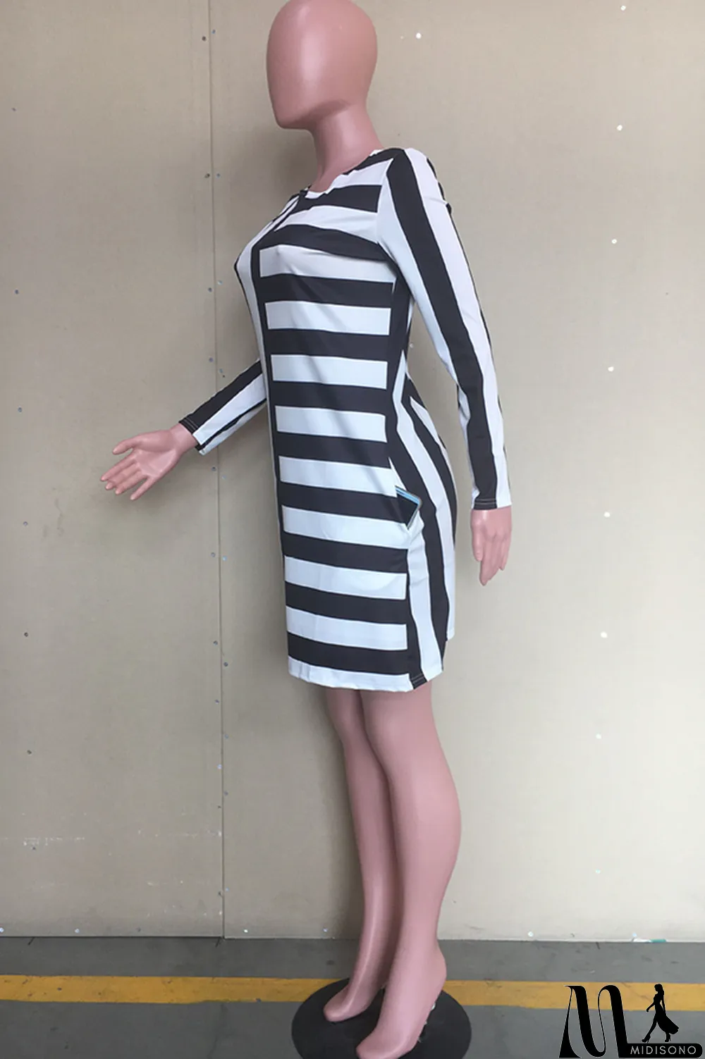 MidiSono - White Acetyl fiber Sweet Cap Sleeve Long Sleeves O neck Swagger Knee-Length Print Striped Patchwork