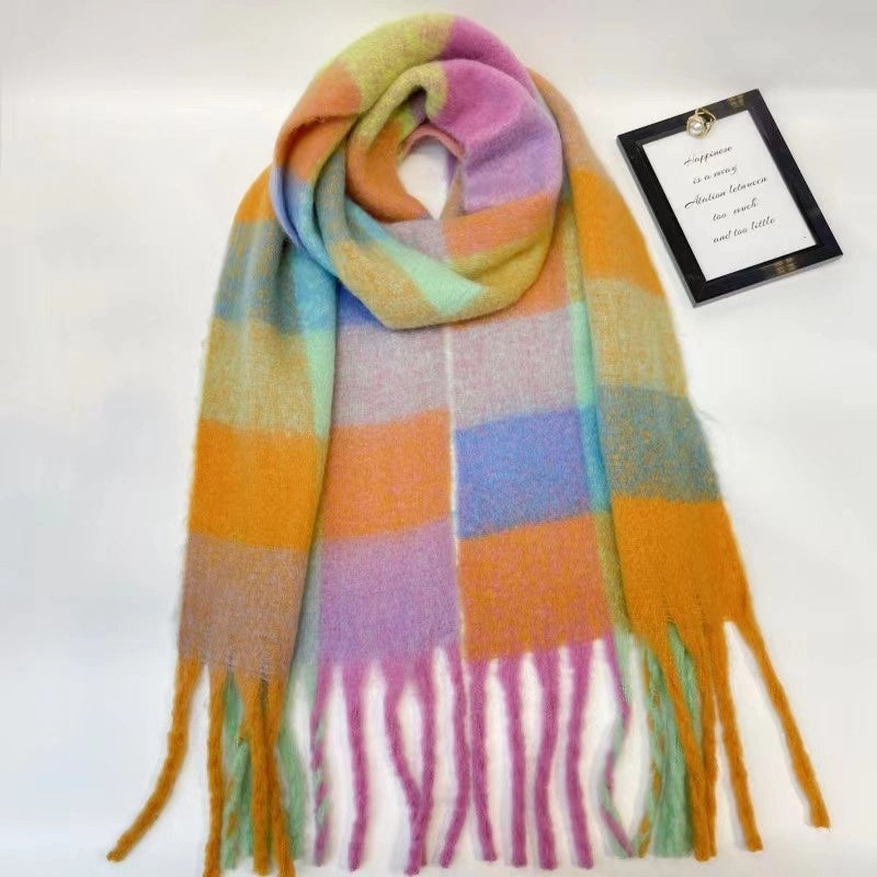 Rainbow Plaid Tassel Scarf For Women Autumn And Winter Famous Color Matching Cashmere Mohair Shawl Thickened Scarf