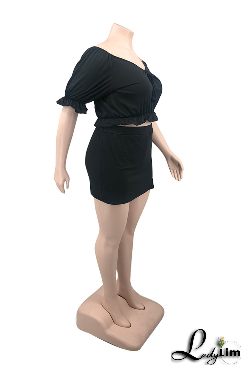 Tangerine Red Sexy Solid Draw String Off the Shoulder Plus Size Two Pieces