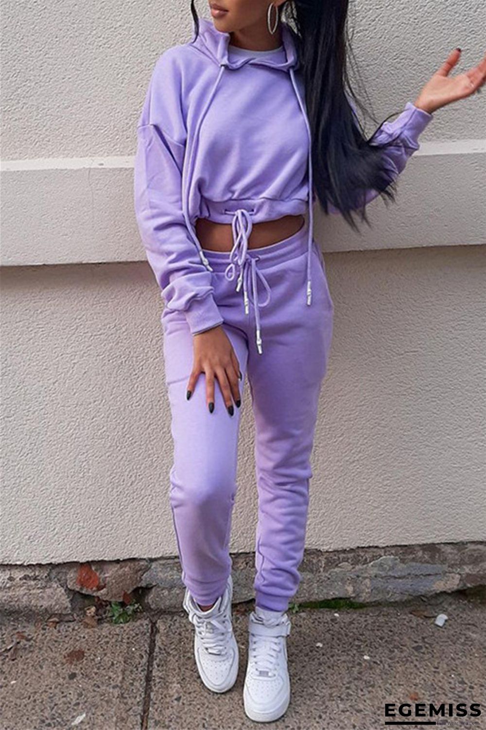 Purple Fashion Casual Solid Bandage Hooded Collar Long Sleeve Two Pieces | EGEMISS