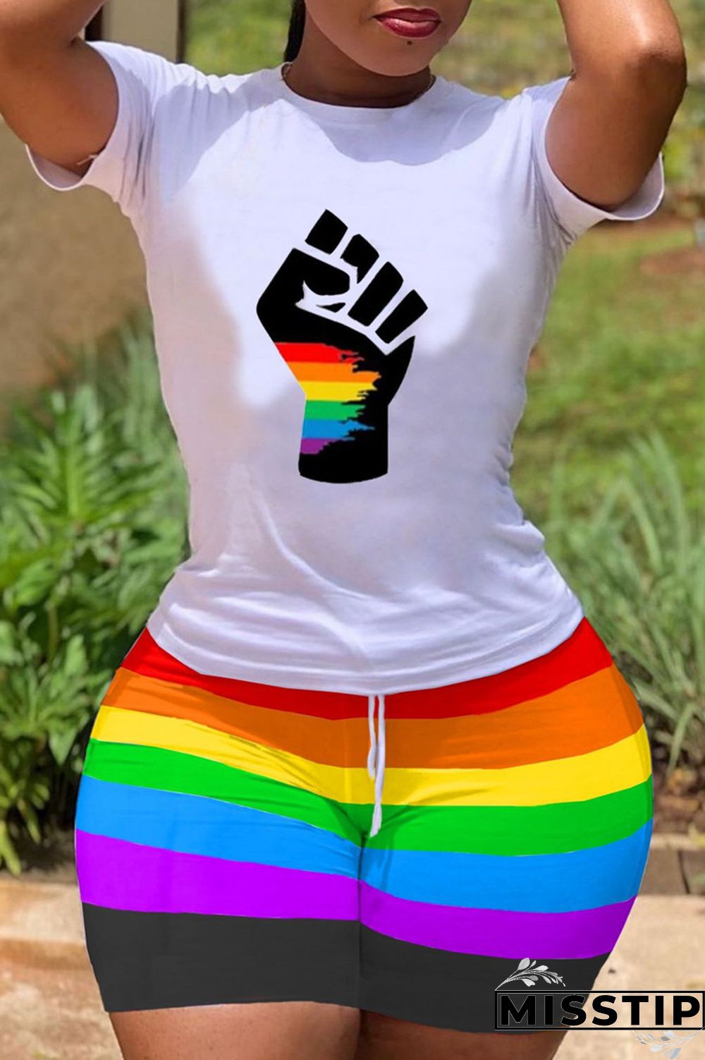 Yellow Fashion Casual Print Basic O Neck Short Sleeve Two Pieces