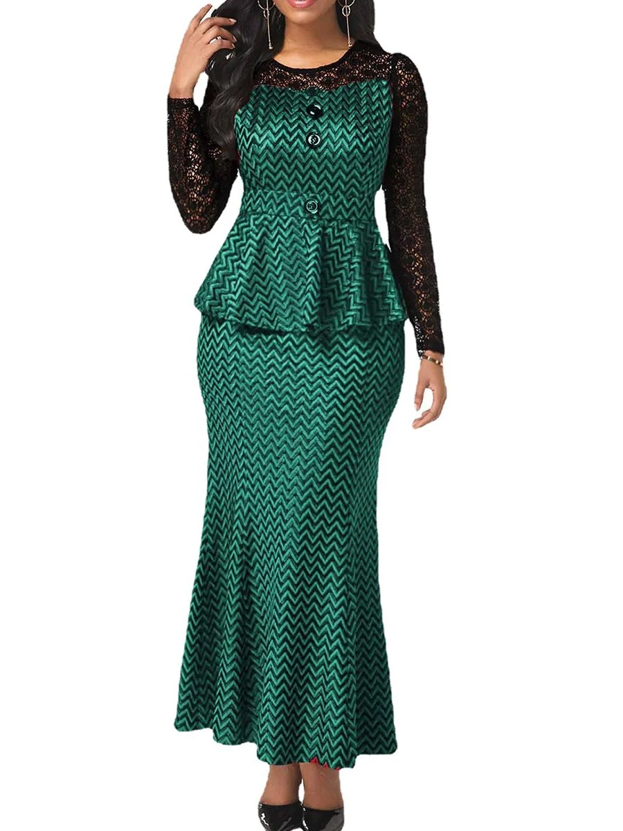 Two Pieces Dress Round Neck Long Sleeve Lace Patchwork Maxi Bodycon Dresses