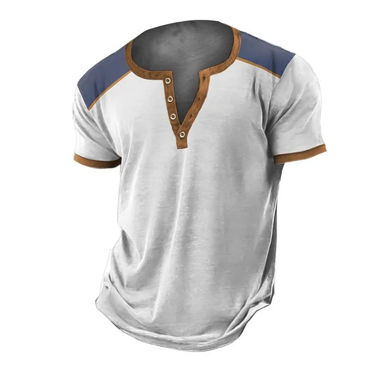 Men's Casual Colorblock Henley Collar Short Sleeve T-Shirt 50354400M