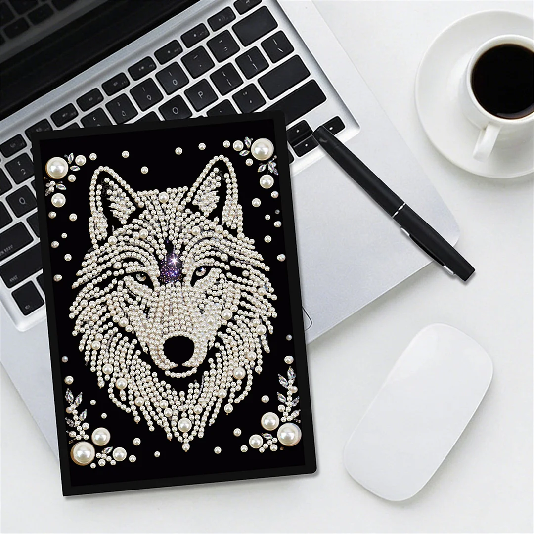 Wolves Partial Pearl DIY 50 Pages A5 Diamond Painting Notebook Special Shaped Diamond Art Diary Book Kits Wireless Strip 5D Crystal Art Paintings Sketchbook for Art Drawing