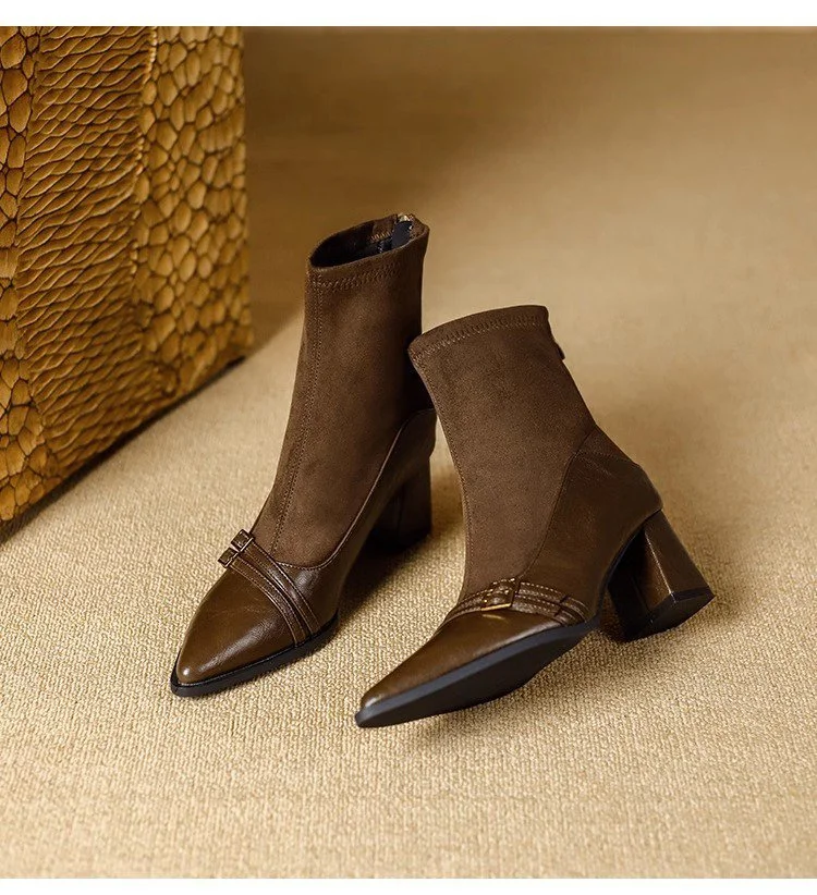 Yyvonne Brown Short Boots Women Thick And 2025 Autumn And Winter New Splicing Elastic Thin Boots Tips 6CM High Heels