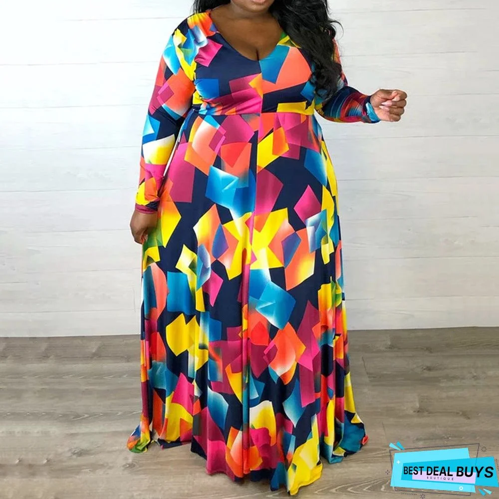 Classic Color Printing Temperament Sexy V Collar Dress