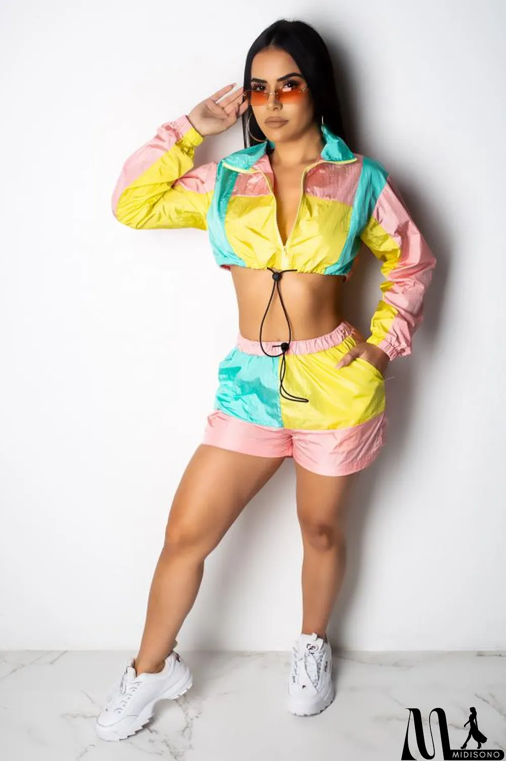 MidiSono - purple Polyester Casual Fashion Zippered crop top Patchwork Regular Two-Piece Short Set