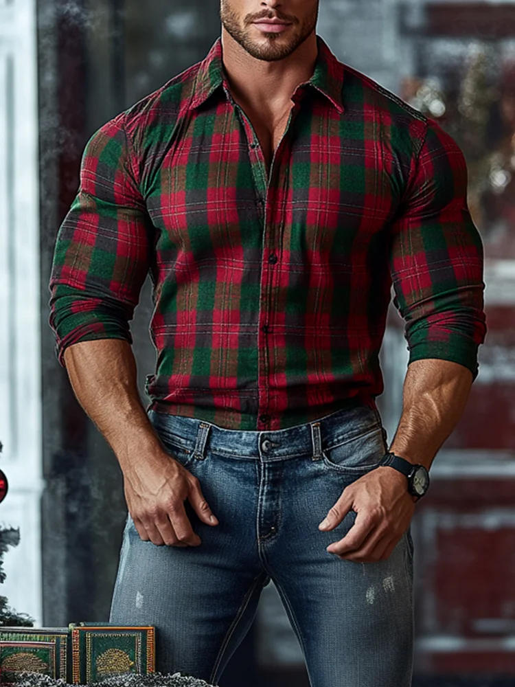 Men's Christmas Plaid Casual Long Sleeve Shirt