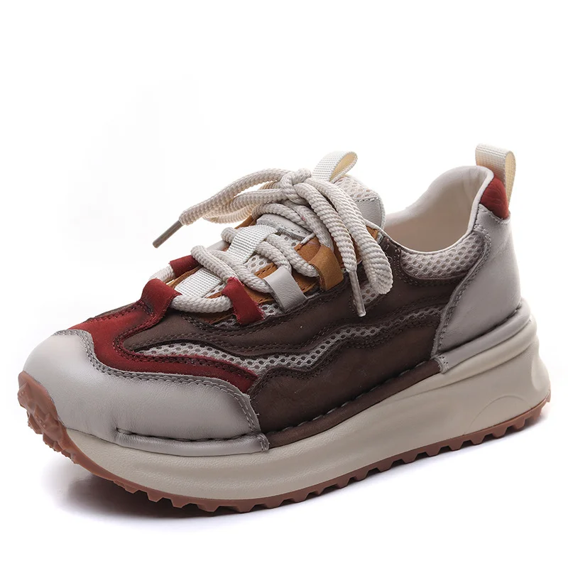 Yyvonne Layer Cowhedry Breathable Mesh Color Old Dad Shoes Women In Spring 2025 New Thick-Bottomed Sports Leisure Single Shoes