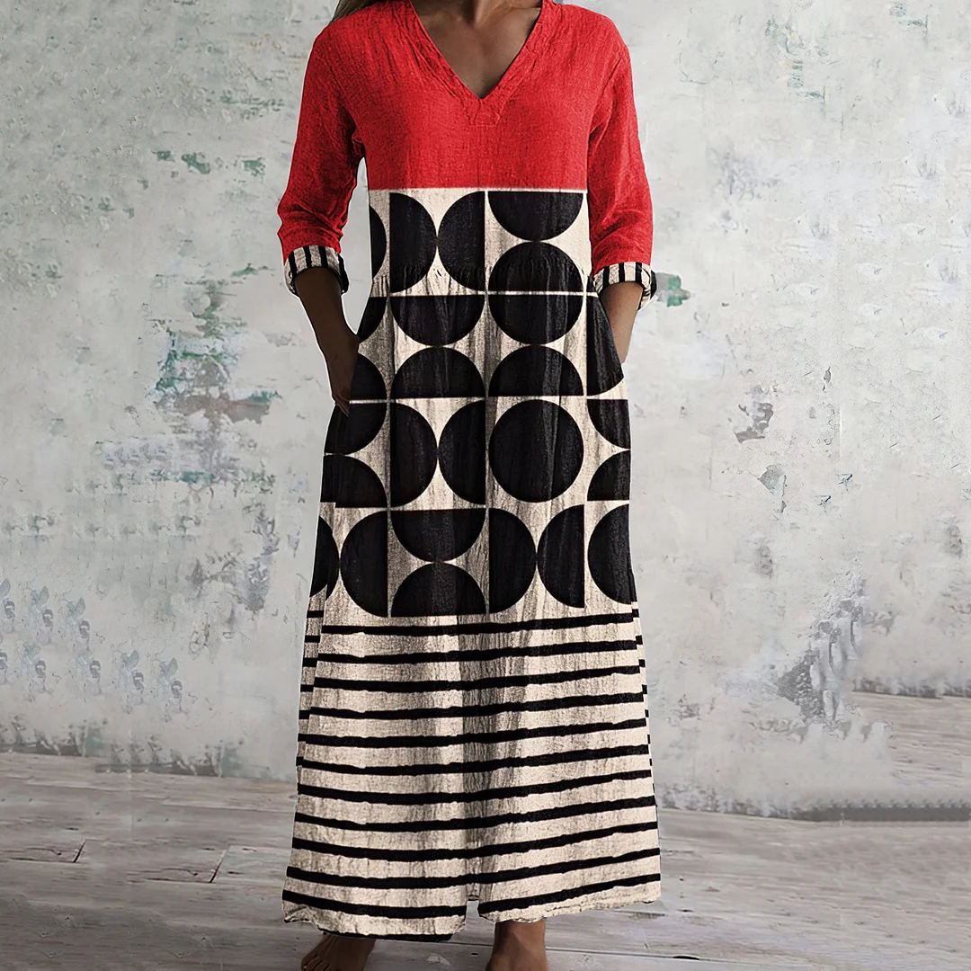 Vintage Juneteenth Black Pride African Pattern Authentic Geometric Art Women's Linen Dress