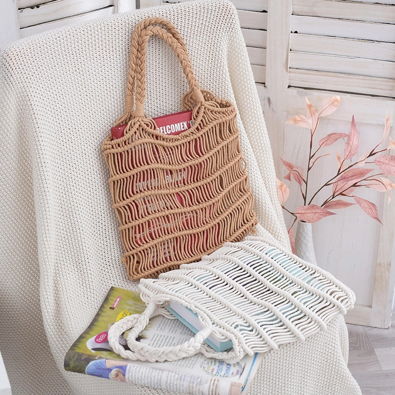 Women’s Medium Cotton Solid Color Vacation Beach Hollow Open Handbag