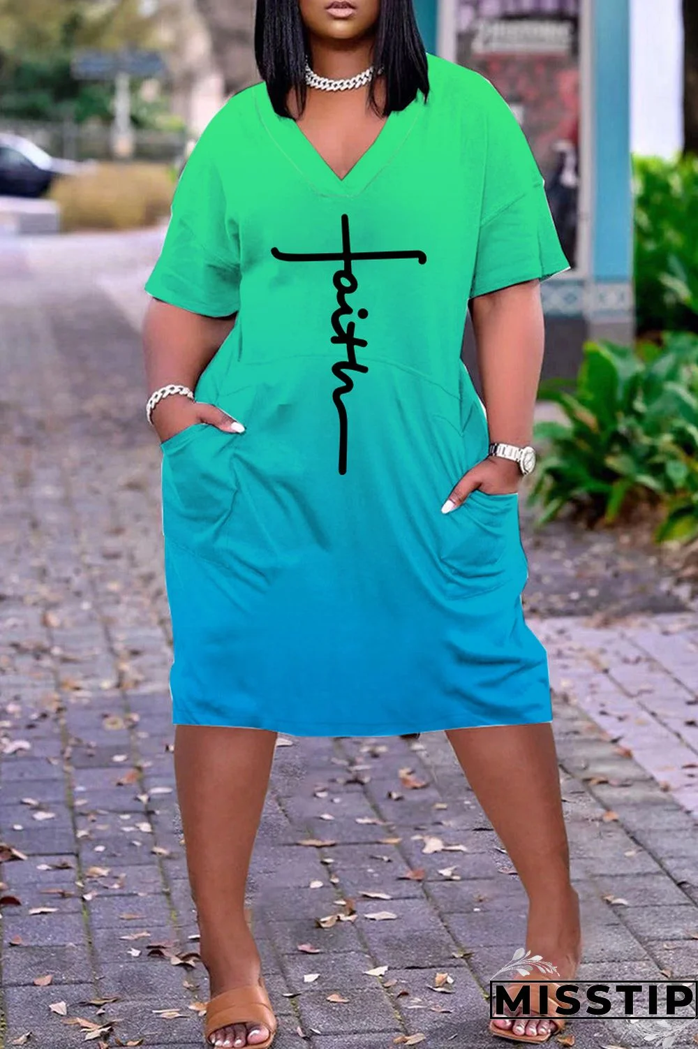 Black Orange Casual Print Basic V Neck Short Sleeve Dress