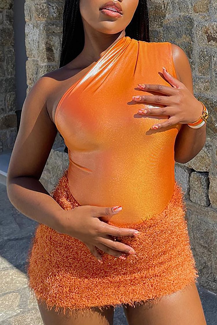 One Shoulder Sleeveless Bodysuit With Mini Skirt Matching Set