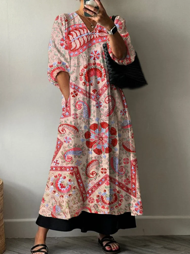 Women's  Retro Floral Print Pocket V-neck Cotton Dress