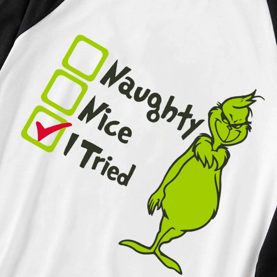 Christmas "Naughty&Nice& I Tried" Letter Print Patterned Casual Long Sleeve Sweatshirts Black Contrast Top and Black and Green Plaid Pants Family Matching Pajamas Sets With Pet Bandana