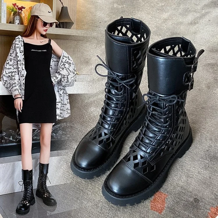 Hot Sales Genuine Leather Hollow Out Short Boots for Women Buckle Round Toe Thiick Heels Pumps Ladies Retro Party Shoe