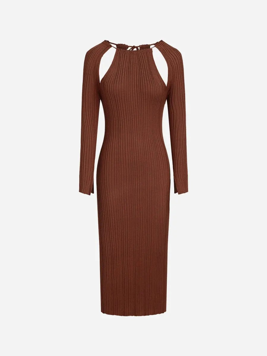 Round Neck Long Sleeve Hollow Out Knit Midi Dress