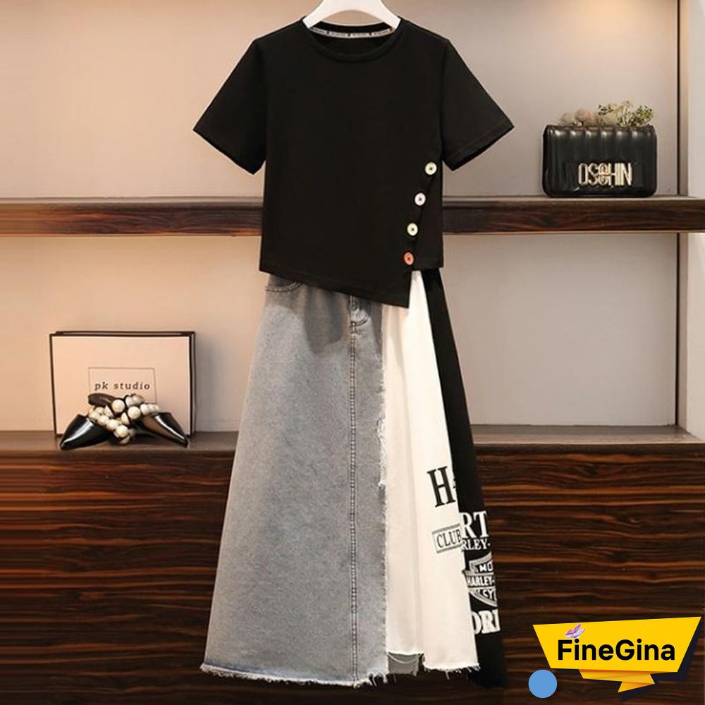 Single-breasted T-shirt+Patchwork Skirt P14814
