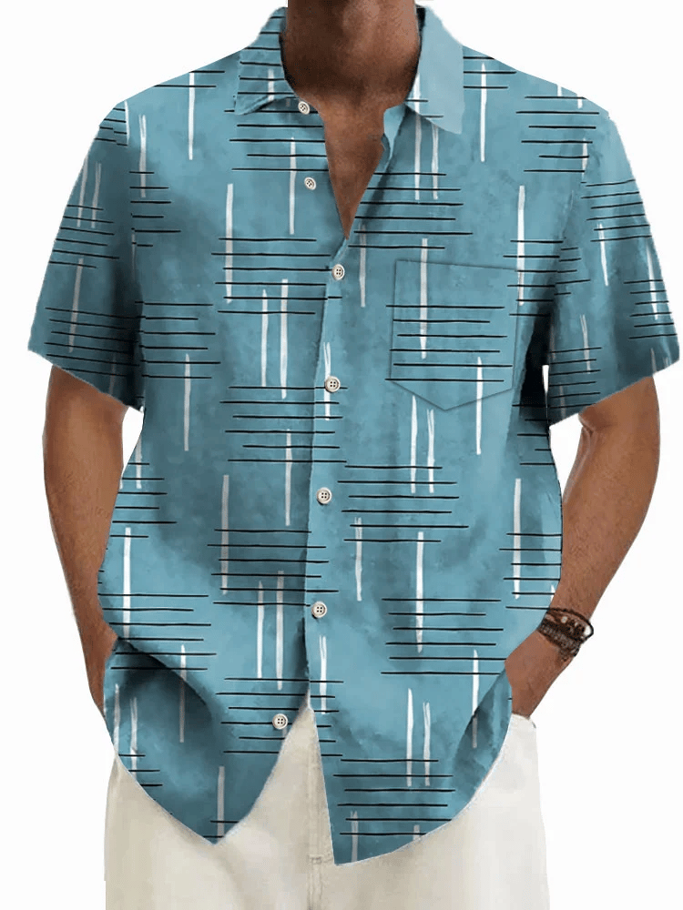 Retro Geometric Print Men's Button Pocket Short Sleeve Shirt