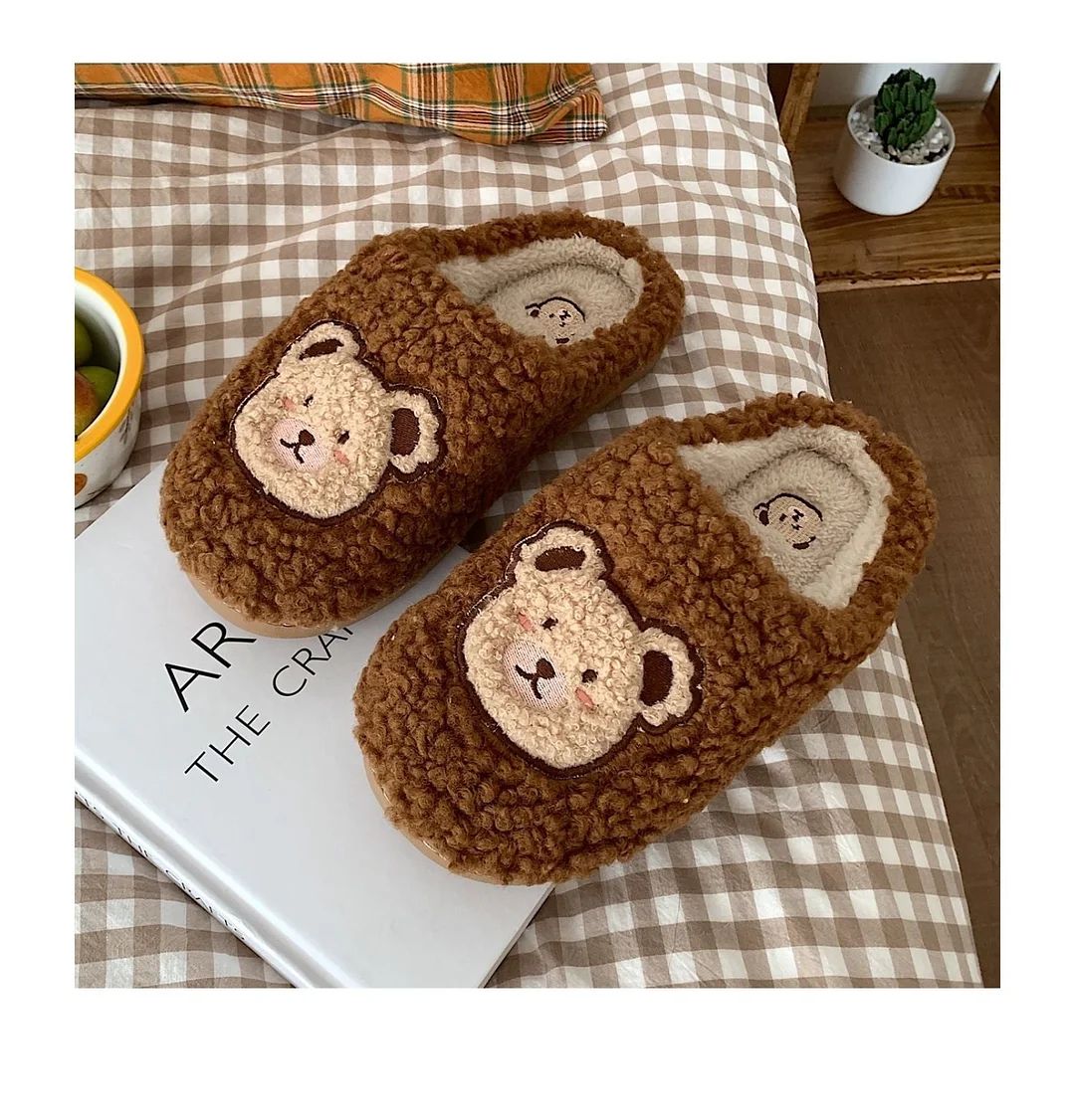 2022 Winter Women Slipper Lovely Bear Cartoon Plush Cotton Home Slippers Female Indoor Household Anti-Skid Thick Bottom Slipper