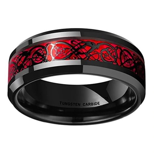 4MM 6MM 8MM 10MM Men's Women Black with Red Celtic Dragon Tungsten Carbide Wedding Rings Band. Inner and Outer Red Tone with Resin Inlay Over Meteorite Style Design Tungsten Ring