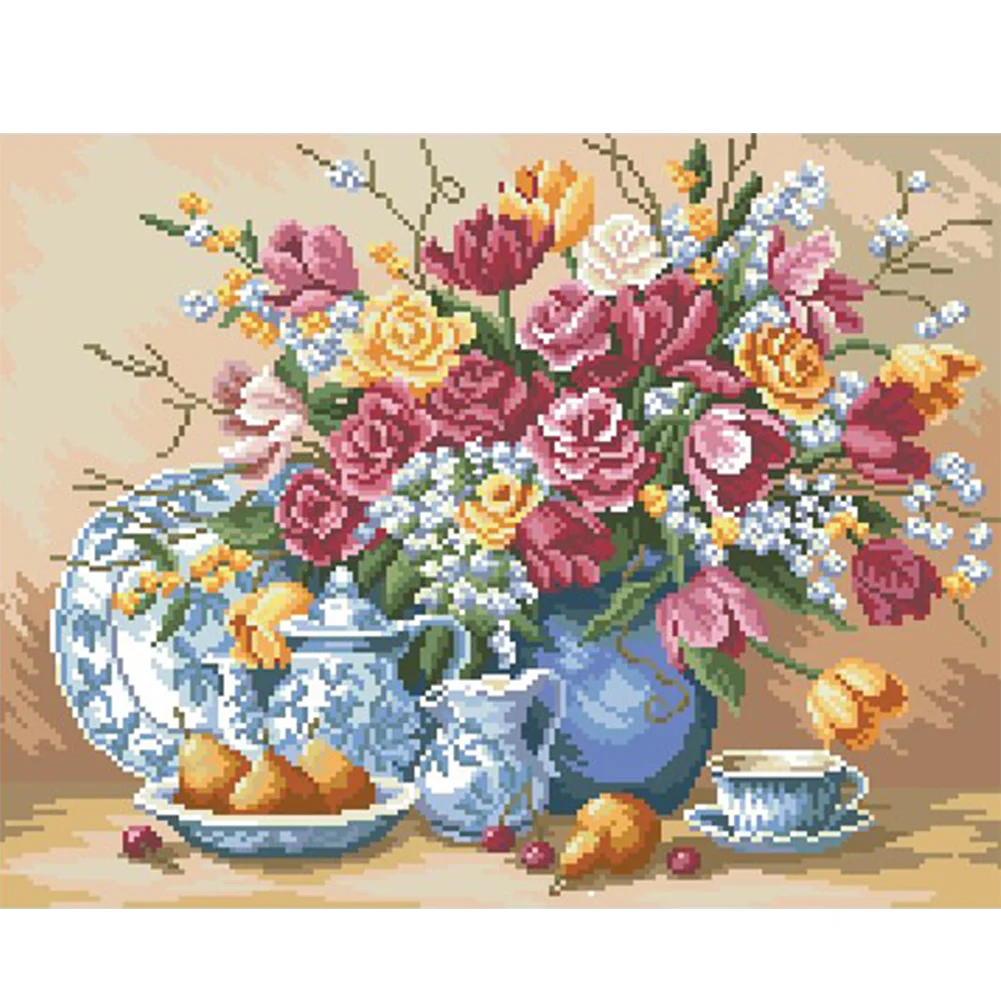9CT Full Stamped Cross Stitch Bead Embroidery- Flower(Canvas|51*40CM)